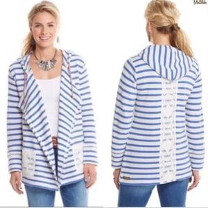 EUC Women's Matilda Jane Midway Blue White Striped Hooded Cardigan Size MEDIUM